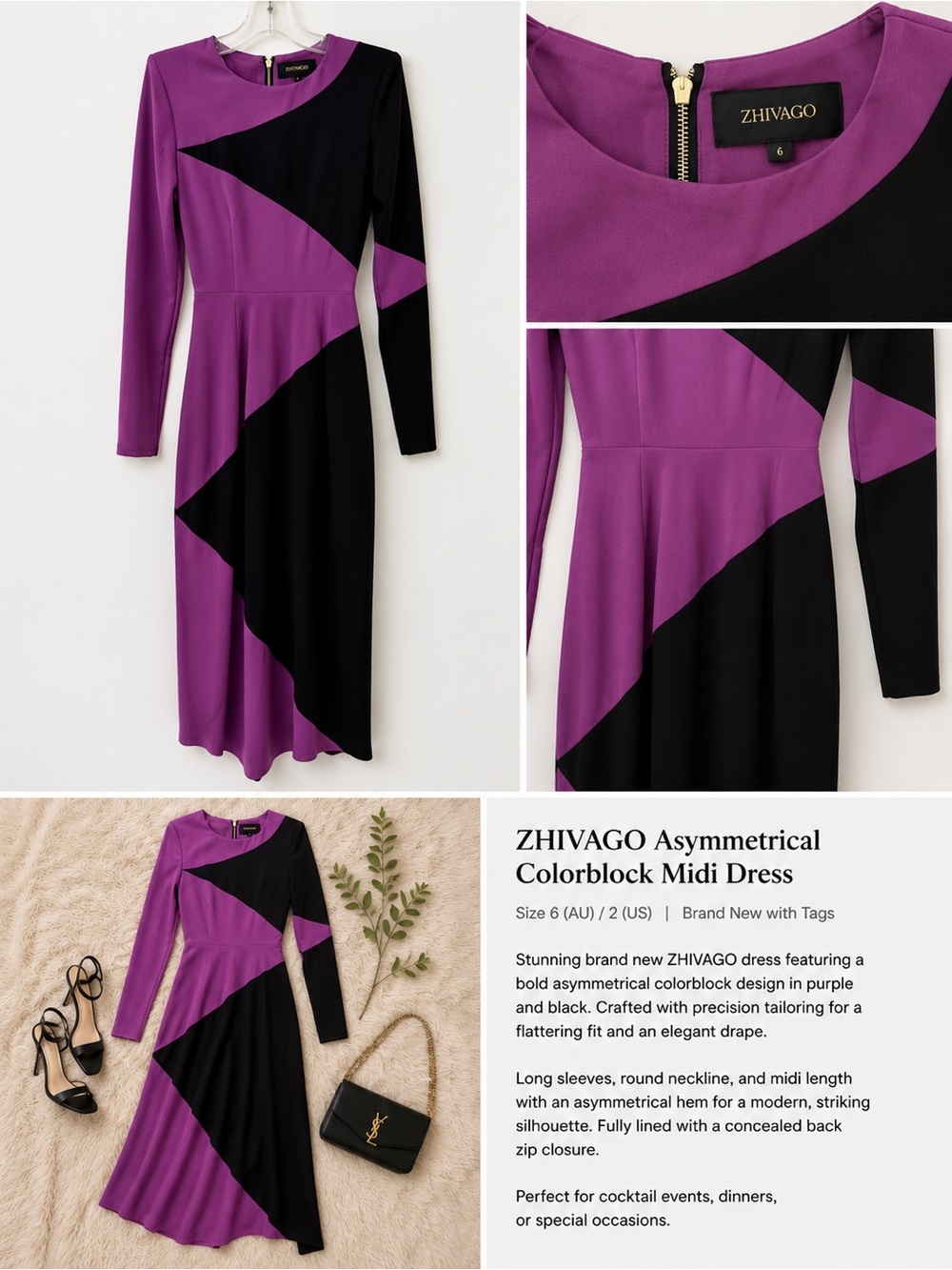 ZHIVAGO Purple and Black Asymmetrical Colorblock Midi Dress